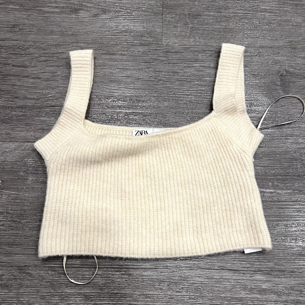 Zara Crop Top Womens Small Beige Fleece Tank Top Strap On‎ Lounge Shoulder